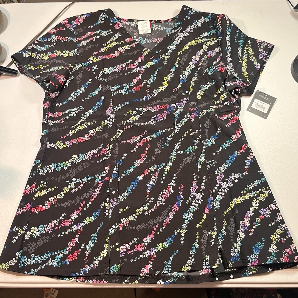 NWT Dickies Women's Scrub Top Size L Black Floral Design V Neck DK656